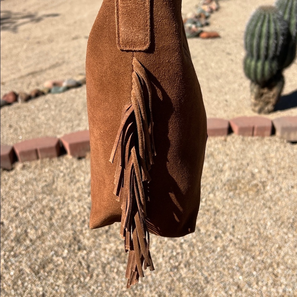 Haute Hippie | Honey Tan Suede Bucket Bag w/ Fringe and Adjustable Buckle - Picture 9 of 11